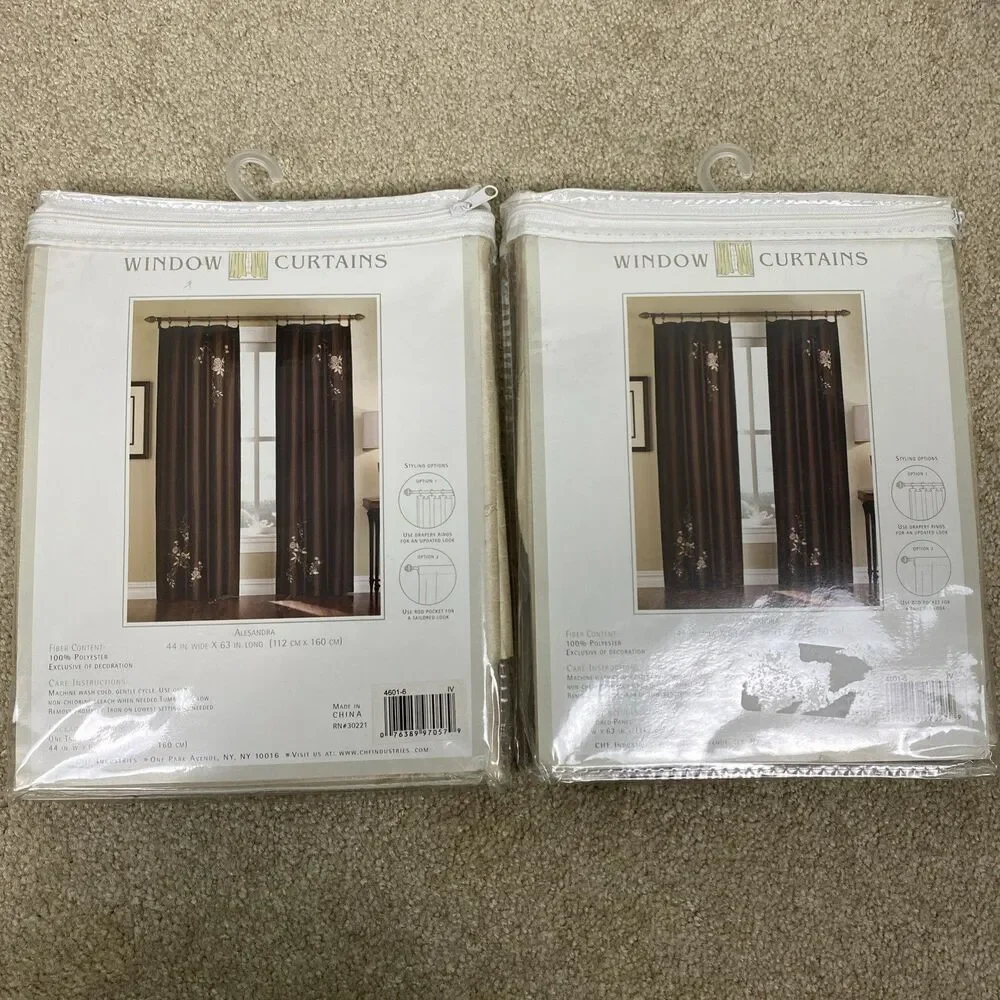 2 NWT Alesandra Floral Embroidered Faux Silk Window Curtain‎ Panel Beige 44x63